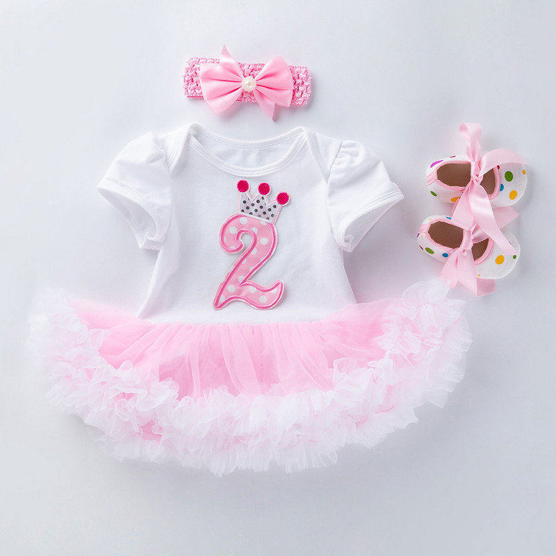 Трансгранично бебе момиче рокля за рожден ден Комплект от 3 части едногодишна рокля с къс ръкав обувки за малко дете детски дрехи бебе