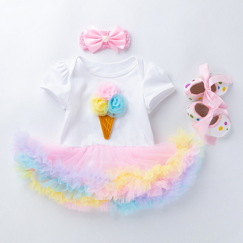 Трансгранично бебе момиче рокля за рожден ден Комплект от 3 части едногодишна рокля с къс ръкав обувки за малко дете детски дрехи бебе