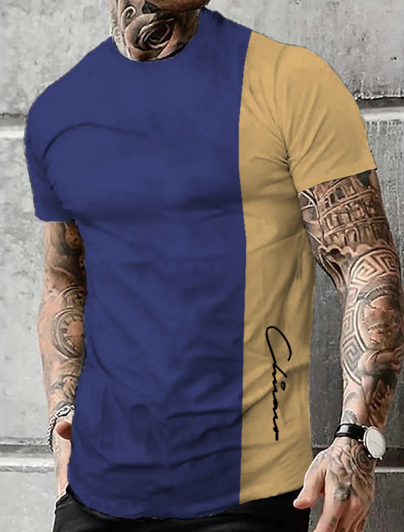 Muška majica s grafičkim blokovima boja, odjeća s okruglim izrezom, 3D ispis, za van, ležerna, s printom, kratkih rukava, retro modni dizajner