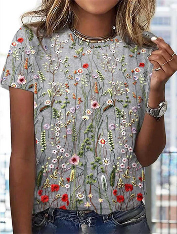 2023 Ευρωπαϊκή και Αμερικάνικη Amazon AliExpress Wish New Flower and Plant T-shirt με κοντομάνικο γυναικείο μπλουζάκι με στρογγυλή λαιμόκοψη