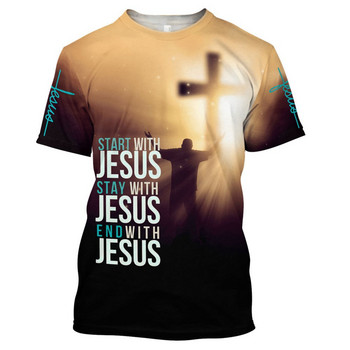 2023 AliExpress Amazon Foreign Trade 3D Digital Jesus Print С къс ръкав T Свободен и удобен пуловер с кръгло деколте