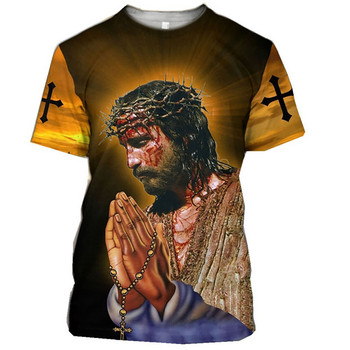 2023 AliExpress Amazon Foreign Trade 3D Digital Jesus Print Κοντομάνικο Τ Χαλαρό άνετο πουλόβερ με στρογγυλή λαιμόκοψη