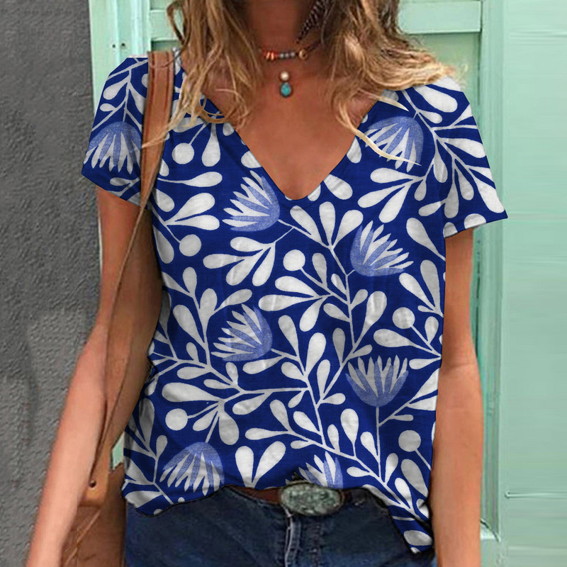 2024. Europski i američki stil prekogranične ljetne nove stilske biljke leptir cvijeća 3D ispis ležerna majica kratkih rukava s V-izrezom za žene