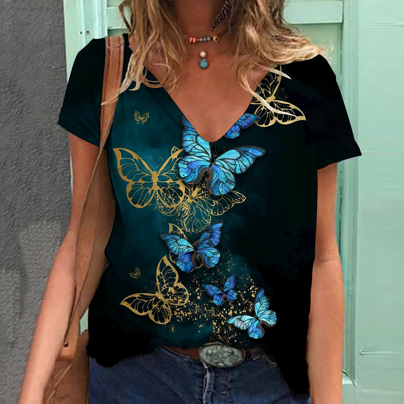 2024. Europski i američki stil prekogranične ljetne nove stilske biljke leptir cvijeća 3D ispis ležerna majica kratkih rukava s V-izrezom za žene