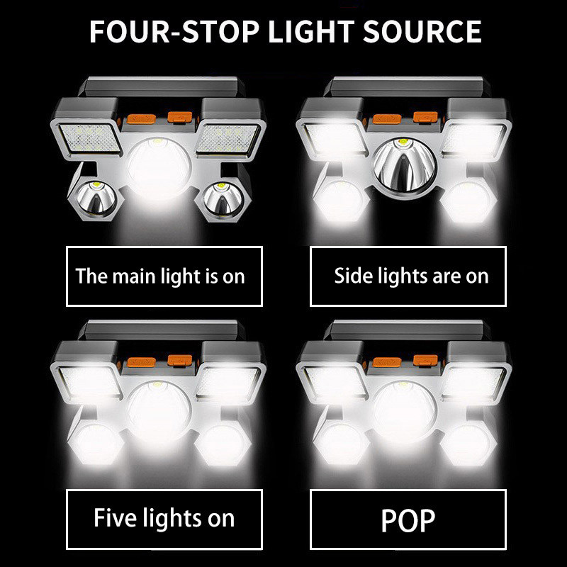 USB punjiva prednja svjetiljka, prijenosna 5LED svjetiljka s ugrađenom baterijom, prijenosna radna svjetiljka za pecanje, kampiranje, prednja svjetiljka za T