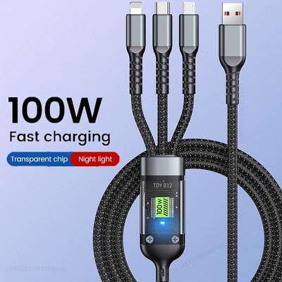 3 in 1 100w läbipaistev kiirlaadimiskaabel tüüp C USB Micro iPhone jaoks Samsung Huawei Xiaomi pilootlamp laadija USB C 6A