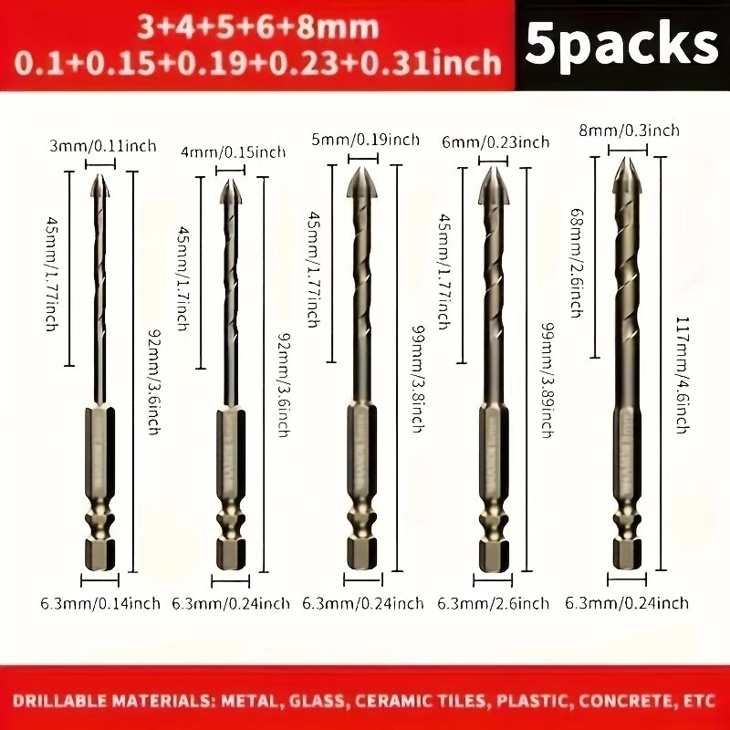 5 τμχ/7 τεμ. 3-12 χιλιοστά τρυπάνι εγκάρσιου εξαγωνικού πλακιδίου για ανοιχτήρι τρυπών κεραμικών πλακιδίων από γυαλί σκυροδέματος, Εργαλείο Σετ μπιτς από σκληρό κράμα καρβιδίου βολφραμίου