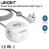LENCENT EU Plug vooluriba 4 vahelduvvoolu pistikupesaga 3 USB-porti 1 tüüpi C 2M/3M punutud kaabliga mitme pistikupesa koos lülitiga kodu jaoks