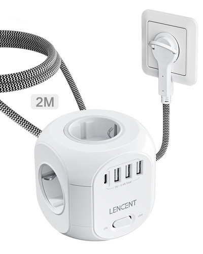 LENCENT EU Plug vooluriba 4 vahelduvvoolu pistikupesaga 3 USB-porti 1 tüüpi C 2M/3M punutud kaabliga mitme pistikupesa koos lülitiga kodu jaoks