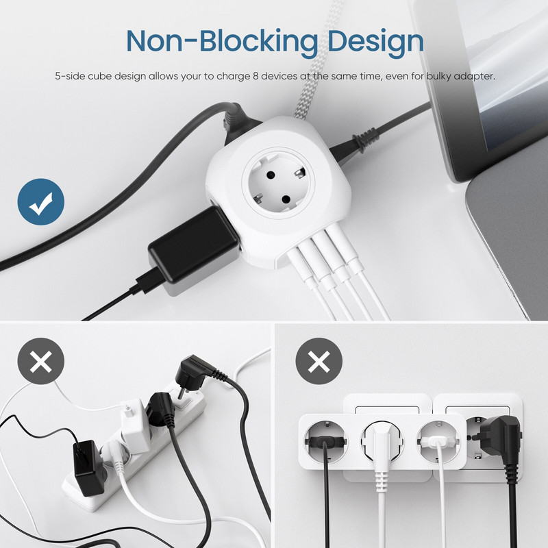 LENCENT EU dugaszoló elosztó 4 váltóáramú csatlakozóval 3 USB port 1 C típusú 2M/3M fonott kábel több aljzat kapcsolóval otthonra