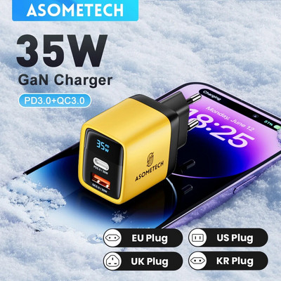 ASOMETECH 35W GaN laadija LED-ekraan QC3.0 30W 25W PD PPS Quick Charge USB Type C laadija iPhone 14 Pro jaoks Samsung S23 Xiaomi