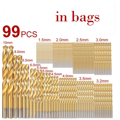 99 бр. 1/4"-1/16" комплект спирални бормашини Защита от износване, защита от ръжда, високоскоростна стомана, титаниево покритие, кацане на свредла