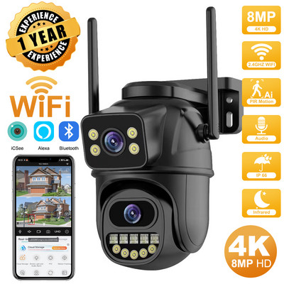 4K 8MP HD Wifi PTZ Cameră în aer liber 4MP lentilă duală Ecran dublu AI Urmărire automată Cameră IP CCTV Audio Video Supraveghere P2P iCSee