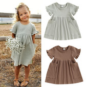 FOCUSNORM 0-4Y Прохождащи деца Рокли за момичета с волани Едноцветни джобове с къс ръкав Парти рокля с висока талия на принцеса с A-подплата