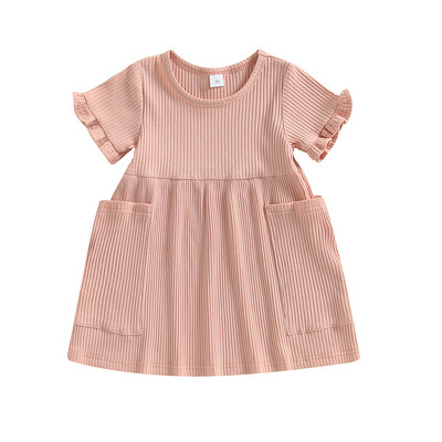 FOCUSNORM 0-4Y Прохождащи деца Рокли за момичета с волани Едноцветни джобове с къс ръкав Парти рокля с висока талия на принцеса с A-подплата