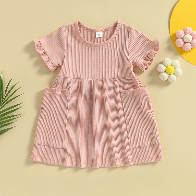 FOCUSNORM 0-4Y Прохождащи деца Рокли за момичета с волани Едноцветни джобове с къс ръкав Парти рокля с висока талия на принцеса с A-подплата
