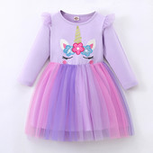 Рокля-пачка за малко момиченце Лилава рокля с дълги ръкави и дъга Еднорог на принца за момичета 2-7 години