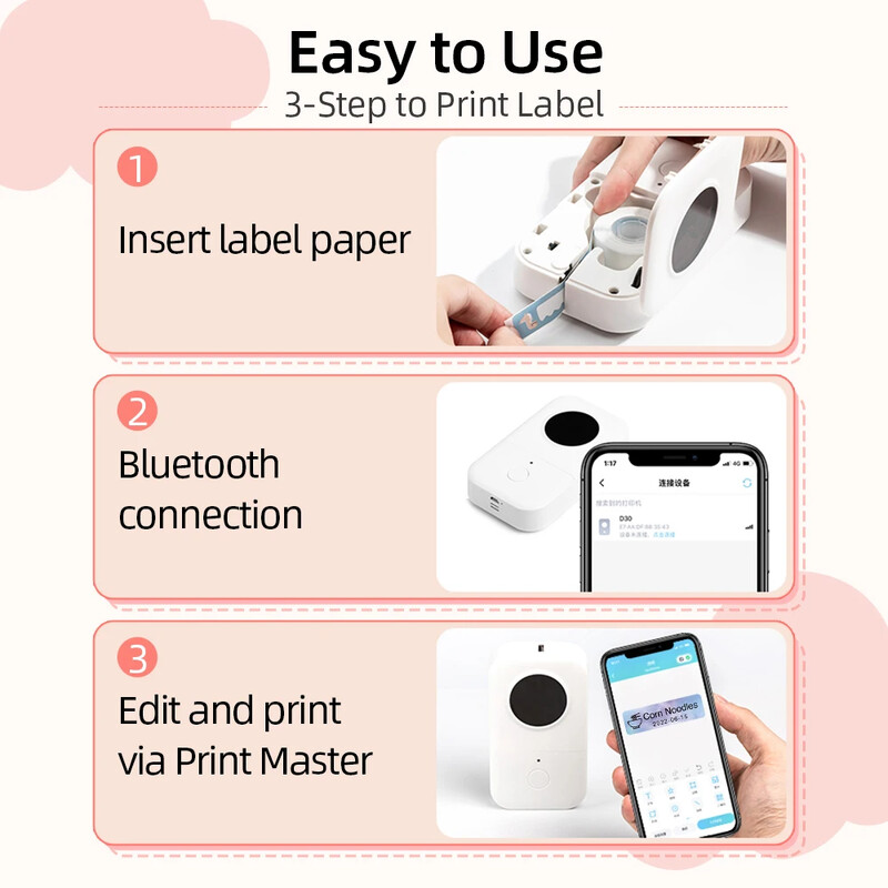 Phomemo D30 Преносим безмастилен принтер за стикери Bluetooth Безжичен принтер за етикети 15 mm Мини термичен принтер за домашен офис в бизнеса