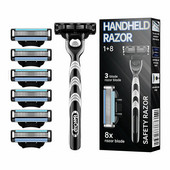 8 PCS Ръчна самобръсначка за мъже Трипластово острие с държач за нож Ножове от неръждаема стомана Без увреждане на кожата Стар стил Ножчета Самобръсначка