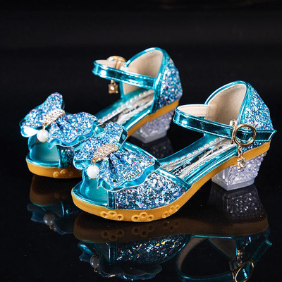 Tüdrukute sandaalid, 2021. aasta suvi, uued lasteprintsessikingad Väikeste tüdrukute kõrge kontsaga vibu-sõlme kristallist sandaalid, peokleit, pulmapidu