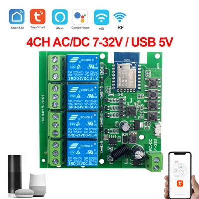 DC 5V 7V-32V AC 85-250V 2/4 канален WiFi модул за дистанционно управление Релеен превключвател Модул поддържа 433MHZ дистанционно управление за система Tuya APP