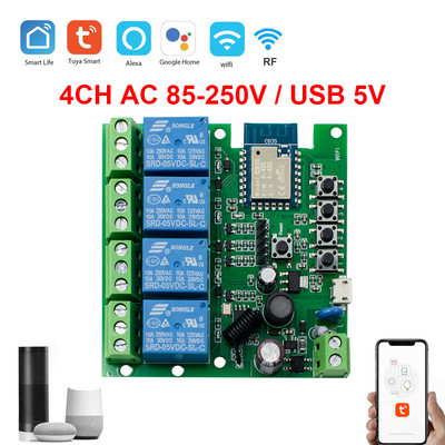 DC 5V 7V-32V AC 85-250V 2/4 канален WiFi модул за дистанционно управление Релеен превключвател Модул поддържа 433MHZ дистанционно управление за система Tuya APP