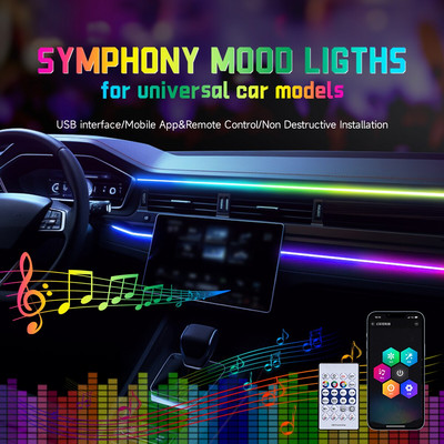 Autó LED környezeti fény USB 64 színű akril csíkok 110 cm teljes színű RGB autóbelső rejtett alkalmazás távirányítós atmoszféra lámpa