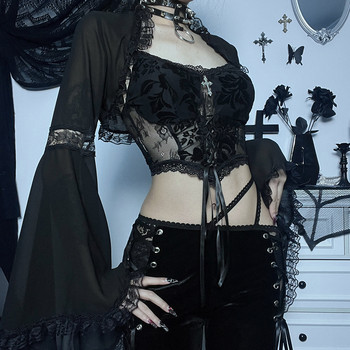 Velvet Lace Corset Bandage Midi φόρεμα Γυναικείο Gothic Harajuku Street Mesh Sling Μαύρα φορέματα Club Party Καλοκαίρι 2023 JY23017