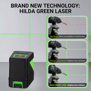 HILDA 2 Lines Level Laser Self Leveling Green Beams Laser Horizontal Vertical Cross Line Mini Level Level