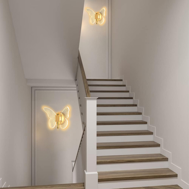 Butterfly LED sieninės lempos interjeras Modernus metalinis akrilinis 110V-220V laidinis sieninis šviestuvas Trispalvis reguliuojamas lovos sieninis šviestuvas