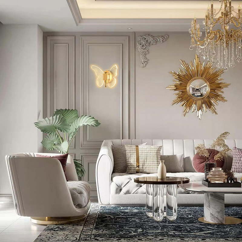 Butterfly LED sieninės lempos interjeras Modernus metalinis akrilinis 110V-220V laidinis sieninis šviestuvas Trispalvis reguliuojamas lovos sieninis šviestuvas