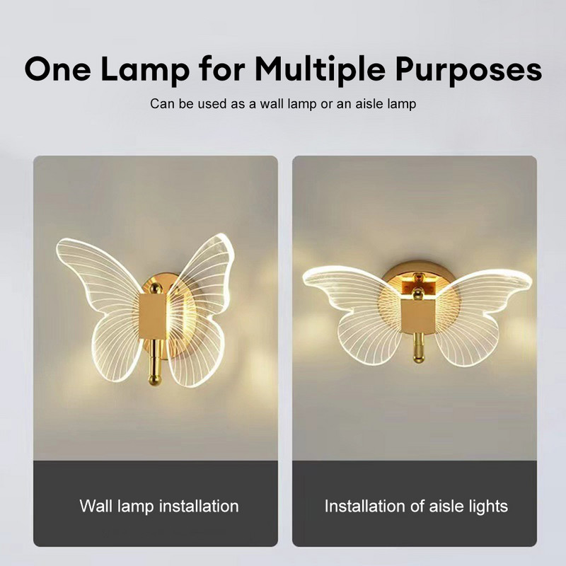 Butterfly LED sieninės lempos interjeras Modernus metalinis akrilinis 110V-220V laidinis sieninis šviestuvas Trispalvis reguliuojamas lovos sieninis šviestuvas