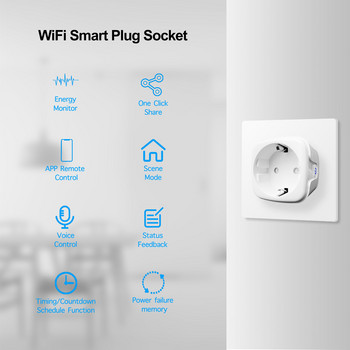 Tuya 16A 20A EU Smart Socket Έξυπνο βύσμα WiFi με Λειτουργία χρονισμού παρακολούθησης ισχύος Φωνητικός έλεγχος Alexa Βοηθός Google