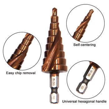 M35 Cobalt Contain Step Drill Εξαγωνικό σπιράλ από ανοξείδωτο ατσάλι Ανοιχτήρι τρύπας παγόδα Τρυπάνι τρυπάνι τρυπάνι 3-12/4-12/4-20mm Εργαλείο κοπής