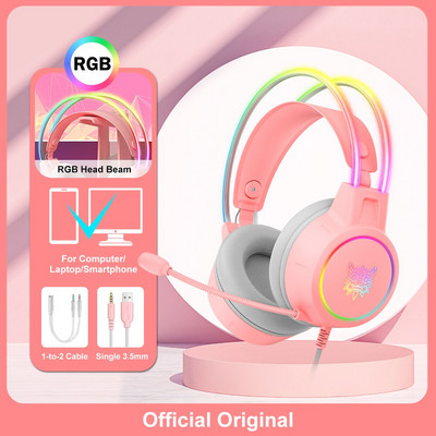 ONIKUMA X15 Pro Over-Ear Headphones Ακουστικά gaming Ενσύρματα ακουστικά ακύρωσης Pink Cat Ears Rgb Light με μικρόφωνο για υπολογιστή PS4