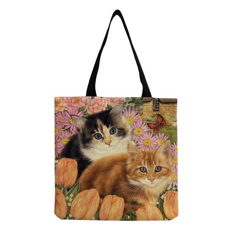 2022 Модерна сгъваема пазарска чанта с голям капацитет Модна дамска плажна чанта Сладка чанта през рамо с принт на цветя и котка