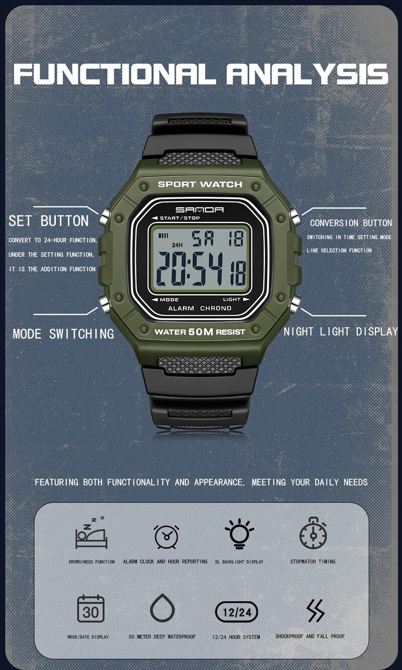 SANDA 2156 Модни мъжки часовници Водоустойчив спортен часовник за мъже Военен S-стил Shock Хронометър Удароустойчив цифров ръчен часовник