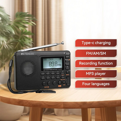 RETEKESS V115 Rádió FM AM SW Hordozható Rádiók Újratölthető Rövidhullámú Rádió Elemek Teljes Hullámú USB Rögzítő Hangszóró Időseknek