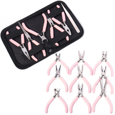 Set de instrumente de clește portabil din oțel inoxidabil de culoare roz Kit de clește de sârmă de tăiat cu nas rotund pentru fabricarea manuală de bijuterii cu margele