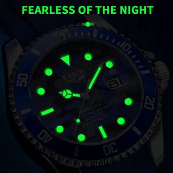 LIGE Creative Navy Blue Camouflage Man Watch Luminous Date 3ATM Водоустойчив кварцов ръчен часовник за мъже Relogio Masculino+кутия