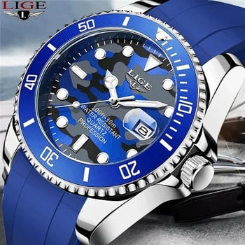 LIGE Creative Navy Blue Camouflage Man Watch Luminous Date 3ATM Водоустойчив кварцов ръчен часовник за мъже Relogio Masculino+кутия