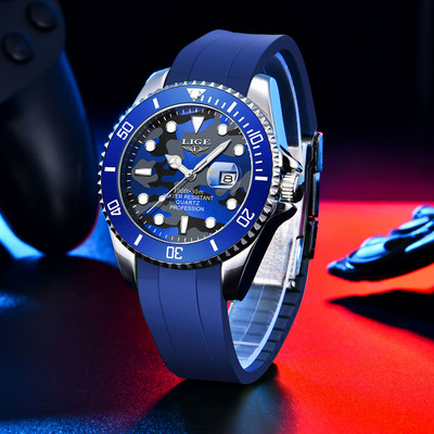 LIGE Creative Navy Blue Camouflage Man Watch Luminous Date 3ATM Водоустойчив кварцов ръчен часовник за мъже Relogio Masculino+кутия