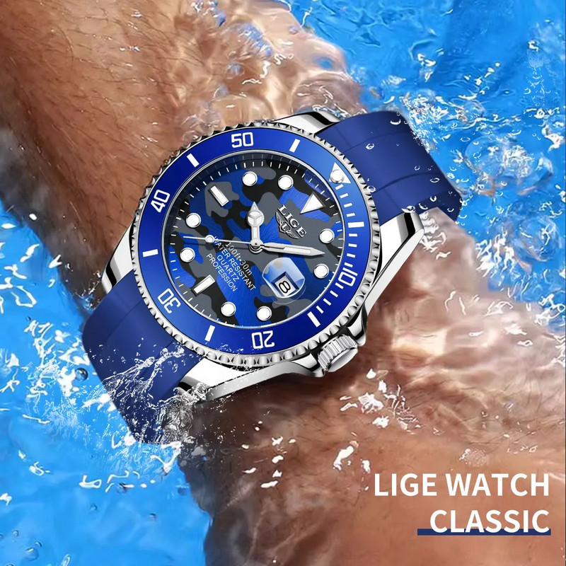 LIGE Creative Navy Blue Camouflage Man Watch Luminous Date 3ATM Водоустойчив кварцов ръчен часовник за мъже Relogio Masculino+кутия