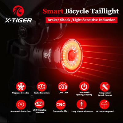 X-TIGER Lumină spate pentru bicicletă Lumină inteligentă de detectare a frânei Lampă spate pentru bicicletă IPX6 LED-uri impermeabile pentru încărcare Accesorii pentru ciclism