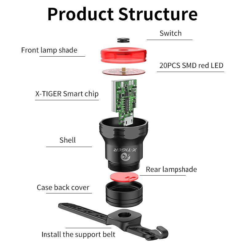 X-TIGER Задна светлина за велосипед Smart Brake Sensing Light Задна светлина за велосипед IPX6 Водоустойчива LED зареждаща задна светлина Аксесоари за колоездене