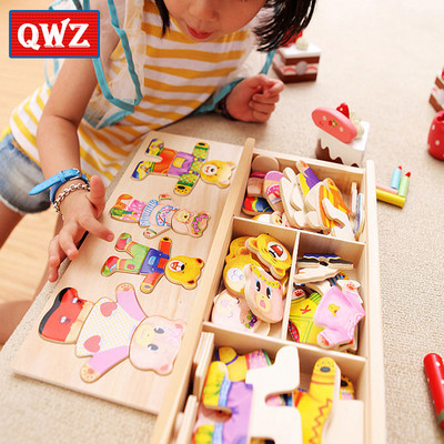 QWZ Ursuleț Schimba haine pentru copii Educație timpurie Puzzle din lemn Joc de îmbrăcare Puzzle Jucării pentru copii Cadou