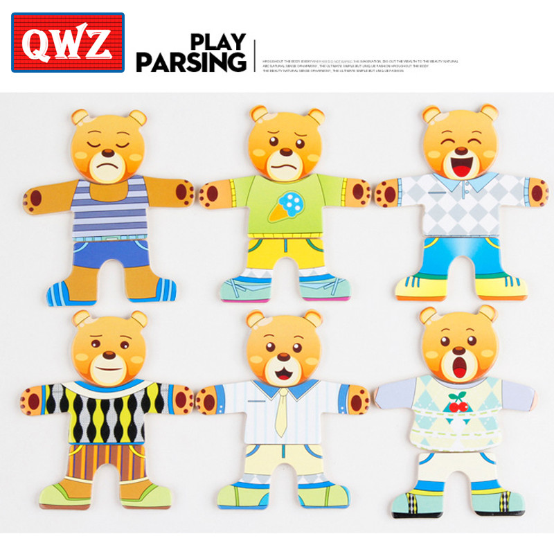 QWZ Little Bear Maināmas drēbes Bērnu pirmsskolas izglītība Koka finierzāģu puzles ģērbšanās spēle Bērnu puzles rotaļlietas bērniem dāvana