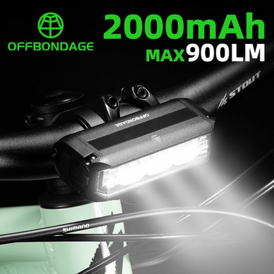 OFFBONDAGE Lampă pentru bicicletă față 900 lumen Lampă pentru bicicletă 2000 mAh Lanternă rezistentă la apă Încărcare USB MTB Lampă pentru ciclism rutier