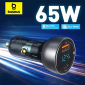 Baseus 65W PPS φορτιστής αυτοκινήτου USB Τύπος C Διπλής θύρας PD QC Γρήγορη φόρτιση για φορητό υπολογιστή Ημιδιαφανής φορτιστής τηλεφώνου αυτοκινήτου για iPhone