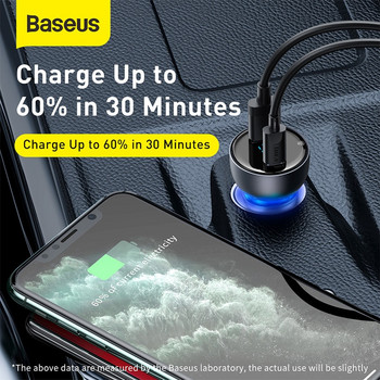 Baseus 65W PPS зарядно за кола USB тип C Dual Port PD QC бързо зареждане за лаптоп Полупрозрачно зарядно за телефон за кола за iPhone